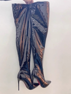 唇奈®爵士舞高跟鞋heel尖头过长靴舞蹈长筒靴亮皮超稳舞蹈鞋绑带