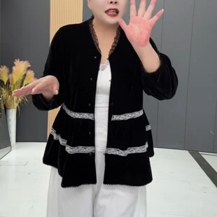 秋季女款加肥加大码金丝绒V领纽扣开衫外套蕾丝拼接显瘦洋气上衣