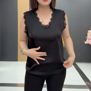 夏季时尚洋气女韩版加肥加大码纯色V领蕾丝花边砍袖醋酸背心内搭