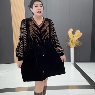 冬季款时尚气质女加肥加大码金丝绒烫钻拼色长袖系带打底衫连衣裙