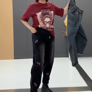 冬季时尚减龄加肥加大码松紧腰抽绳刺绣蝴蝶结加绒牛仔裤显瘦百搭