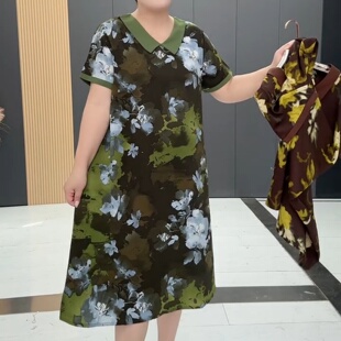 夏季大码妈妈装翻领短袖碎花连衣裙女宽松遮肉显瘦减龄薄款中长裙