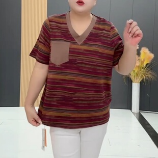 中年大码女装复古条纹V领短袖T恤夏季新款宽松百搭洋气半袖上衣女