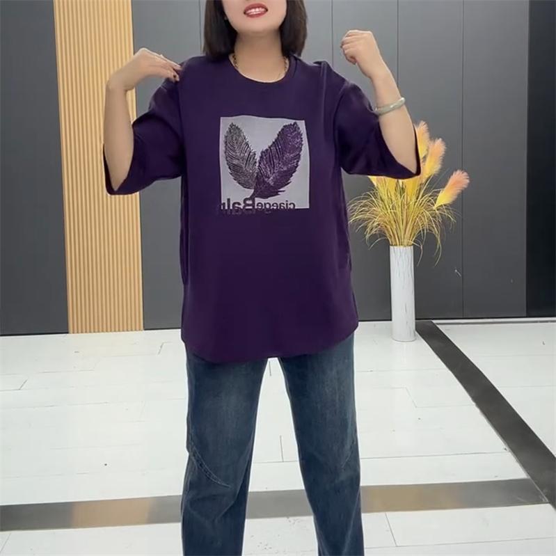 2025春季时尚洋气女减龄韩版加肥加大码圆领树叶半袖T恤显瘦百搭