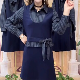 冬季时尚气质女韩版加肥加大码衬衫领拼接条纹长袖连衣裙宽松显瘦