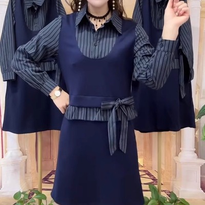 韩版衬衫领拼接条纹长袖连衣裙