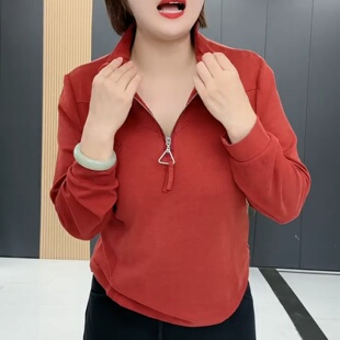 秋季女士纯色半拉链刺绣字母立领长袖卫衣加肥加大码宽松百搭上衣