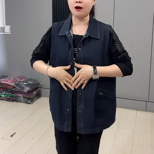 春季休闲百搭女韩版加肥加大码纯色衬衫领单排扣口袋牛仔马甲外套