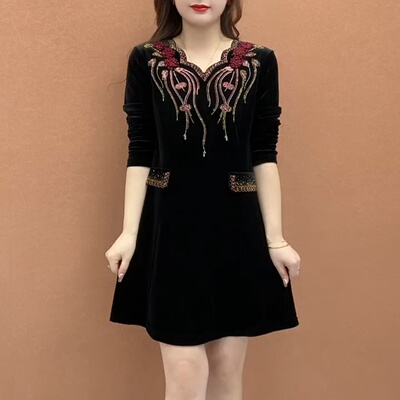 春秋大码女金丝绒烫钻收腰连衣裙