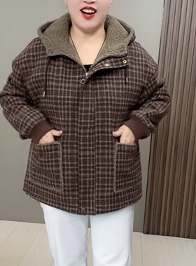 秋冬加大码连帽羊羔毛格子棉服