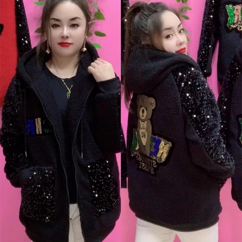 冬季时尚洋气韩版加肥加大烫钻小熊亮片袖颗粒绒加棉连帽棉服外套,女装/女士精品,短外套,淘宝优惠券,粉丝福利购,淘宝优惠卷