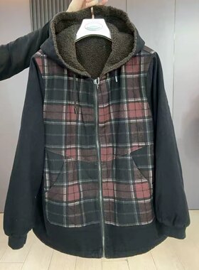 羊羔毛连帽拼色牛仔棉服棉衣外套