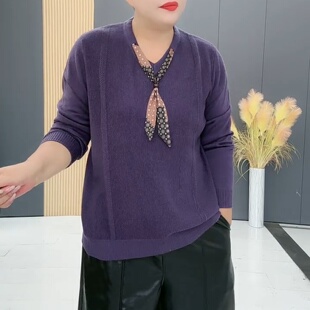 秋季胖妹妹V字围巾领长袖纯色针织衫加肥加大码宽松显瘦气质上衣