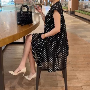 夏季加大码女装波点连衣裙圆领短袖中长款裙子时尚洋气凉快妈妈装
