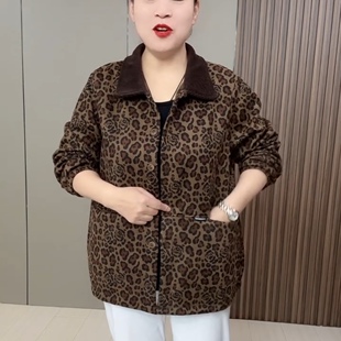 加肥加大码翻领长袖豹纹单排扣加绒棉服女2025秋冬款棉衣外套显瘦