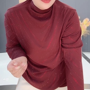 2025秋季时尚气质女韩版加肥加大码半高领镶钻长袖打底衫显瘦百搭