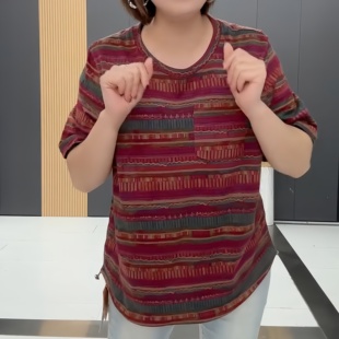 大码女装圆领条纹短袖T恤胖妹妹夏季新款薄款半袖t恤上衣宽松百搭