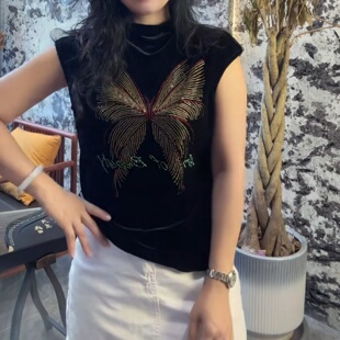 秋季女款半高领烫钻蝴蝶短袖金丝绒T恤加肥加大码打底衫气质百搭