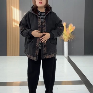 冬季休闲百搭女款加肥加大码连帽单排扣拼接牛仔加绒棉服棉衣外套