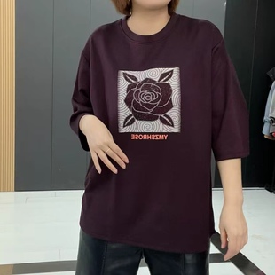 2026春季新款大码女装圆领烫钻玫瑰花半袖T恤大衫时尚休闲短袖t恤