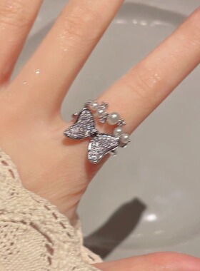 网红微镶超闪蝴蝶结戒指甜美小众设计感开口可调节指环