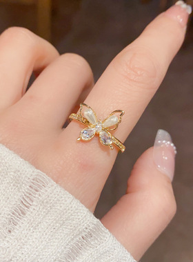 春季新款气质时尚轻奢镶钻镂空蝴蝶食指戒甜美百搭设计开口戒