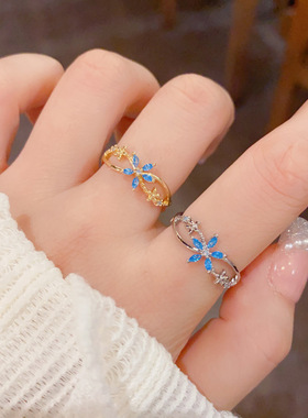 小众气质蓝色小花开口戒时尚设计感百搭高级感甜美百搭食指戒