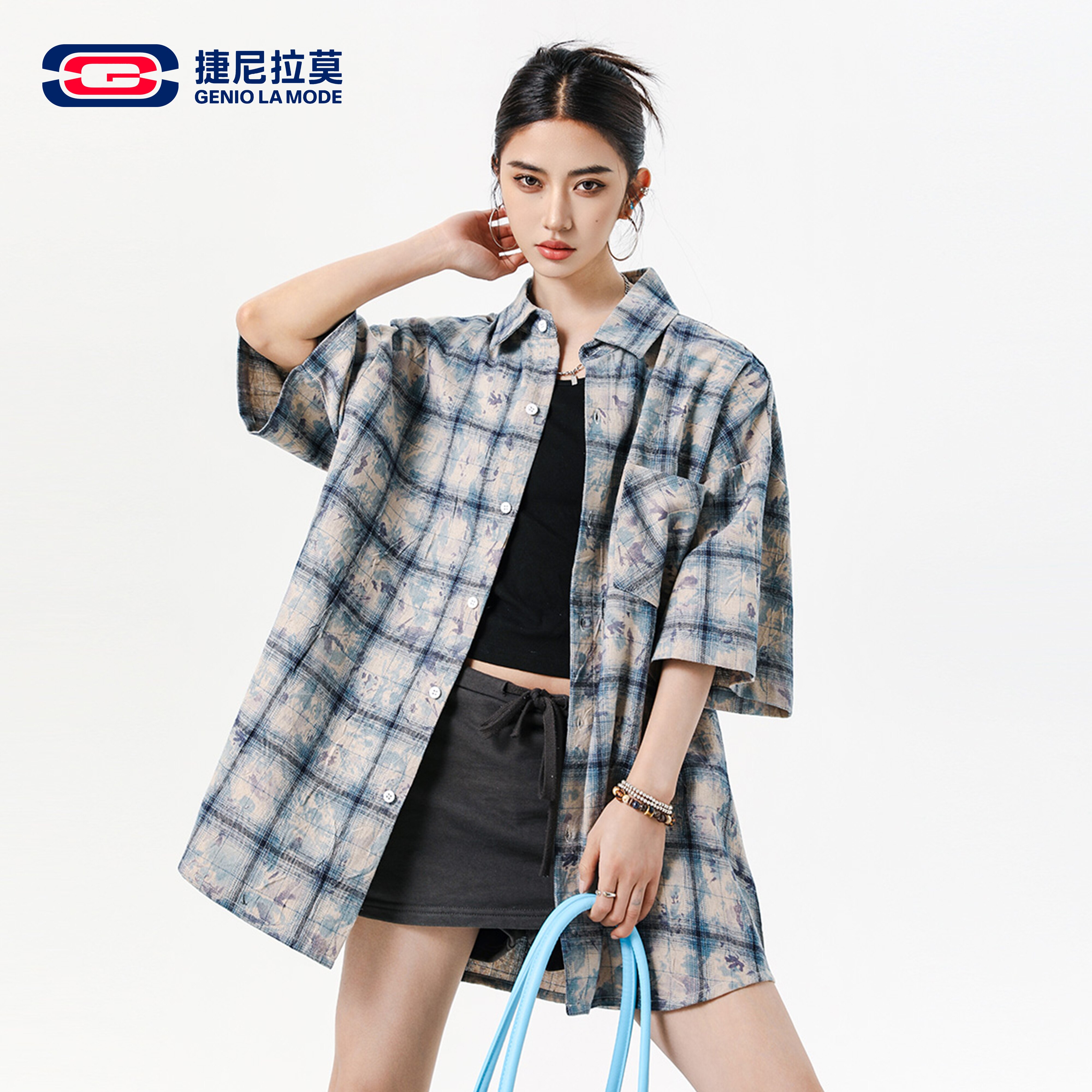 美式扎染格纹宽松休闲短袖衬衫