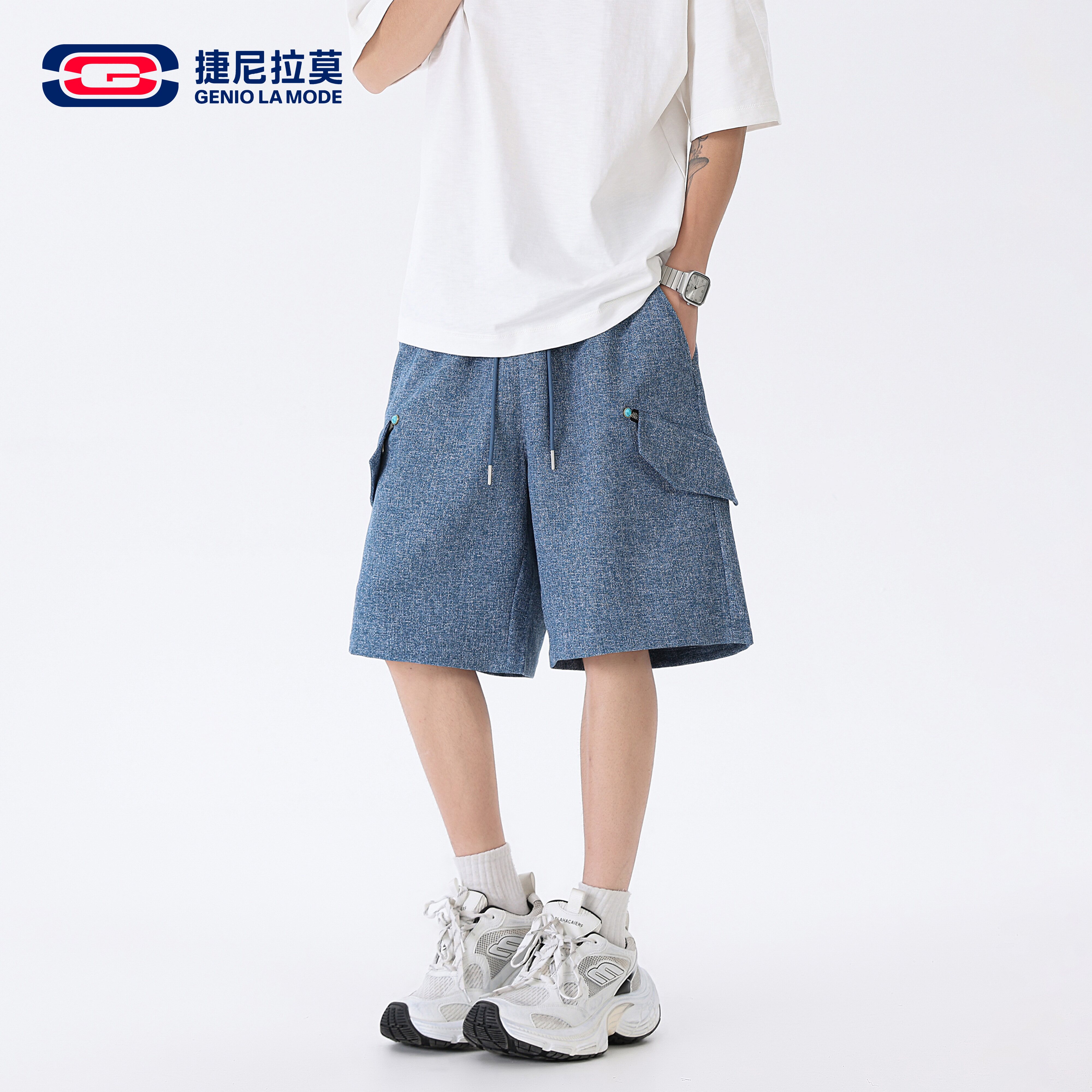 捷尼拉莫美式多口袋工装短裤男女