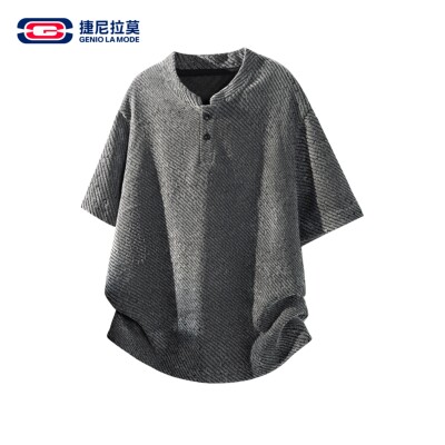 痞帅雪尼尔烟花斜纹亨利领短袖