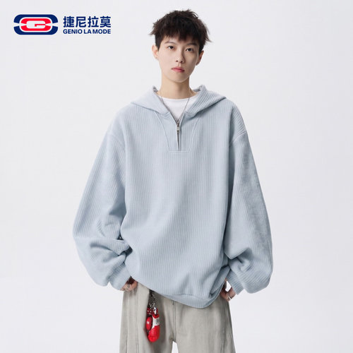 捷尼拉莫慵懒风连帽半拉链卫衣