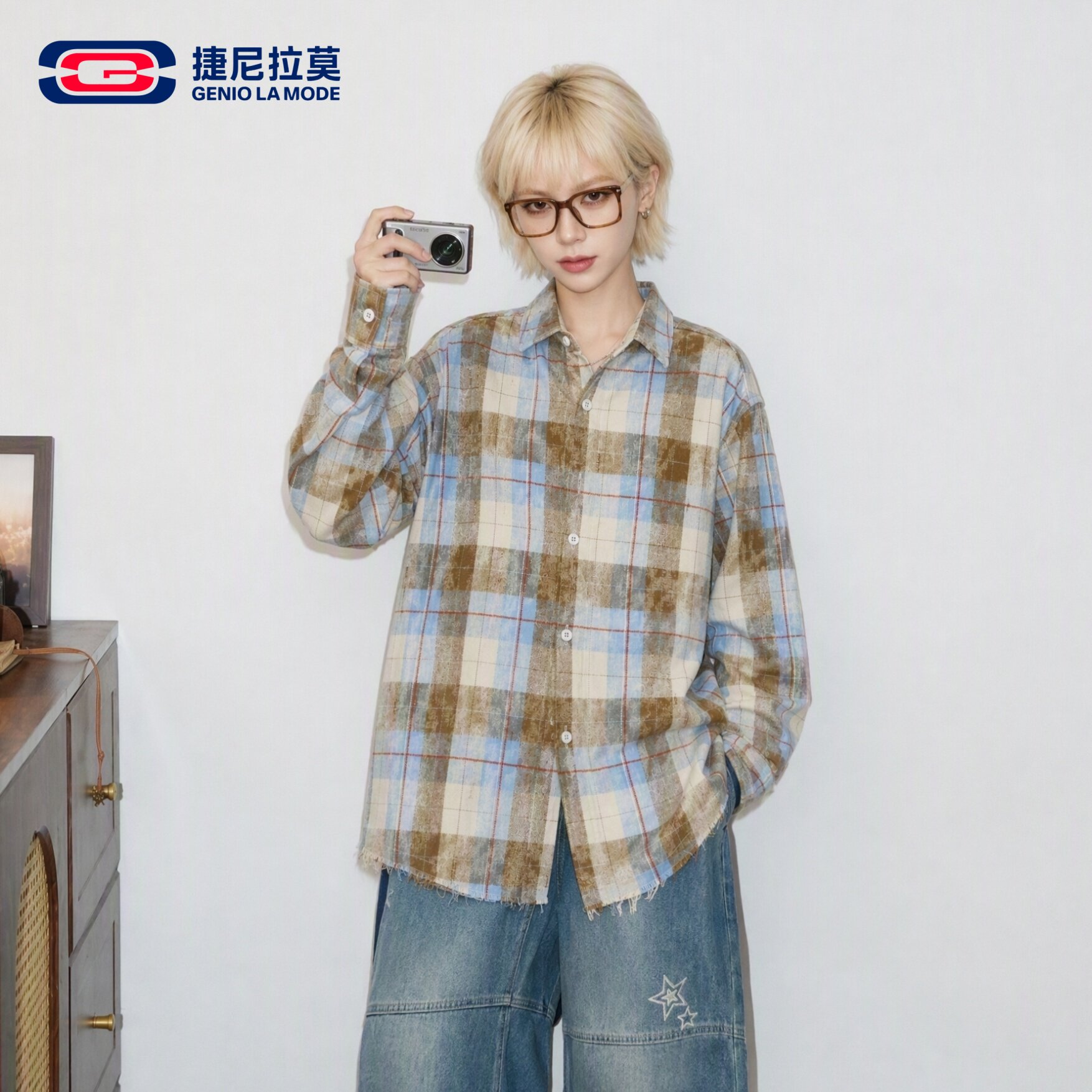 捷尼拉莫美式格子衬衫男女春秋季