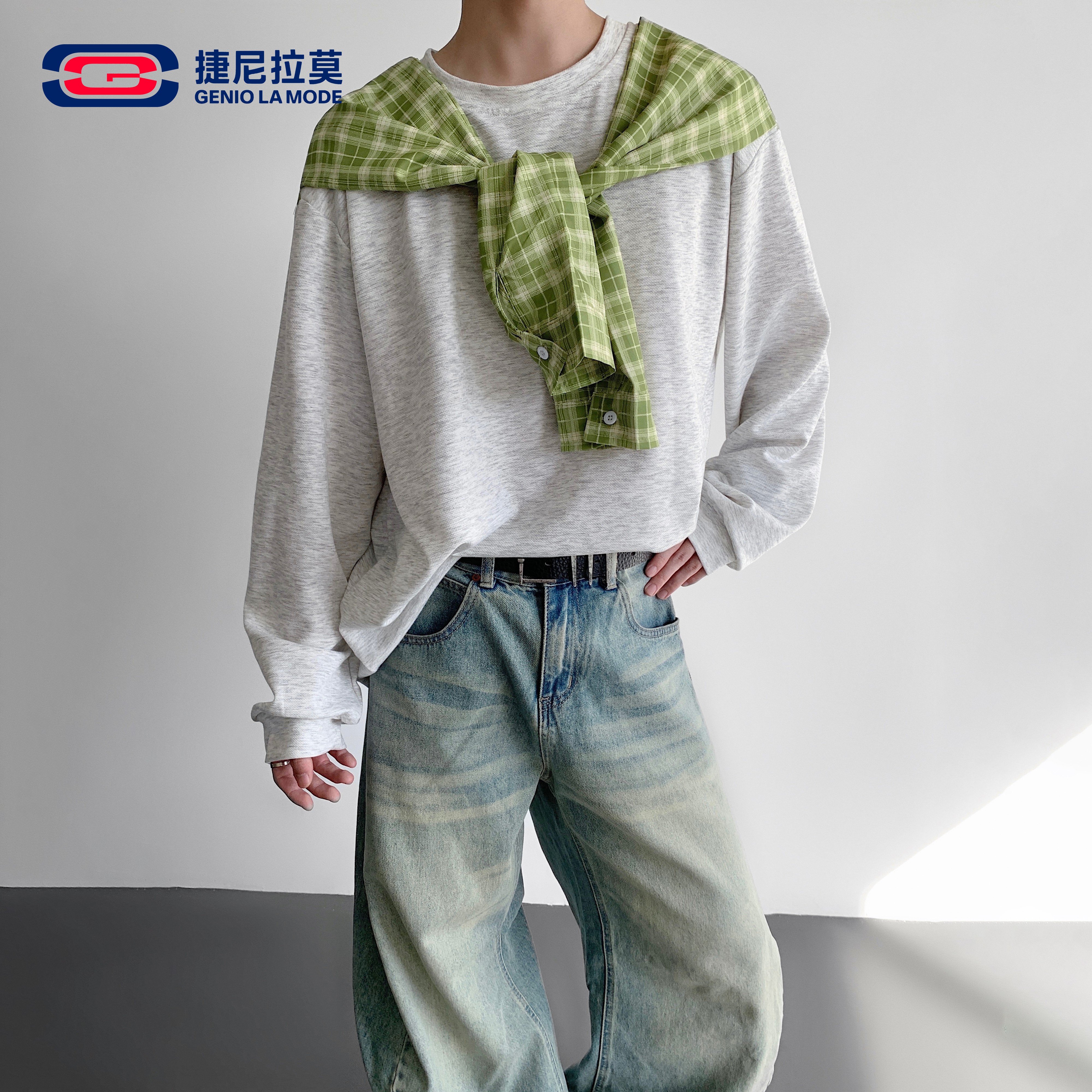 捷尼拉莫风假两件格子披肩长袖T