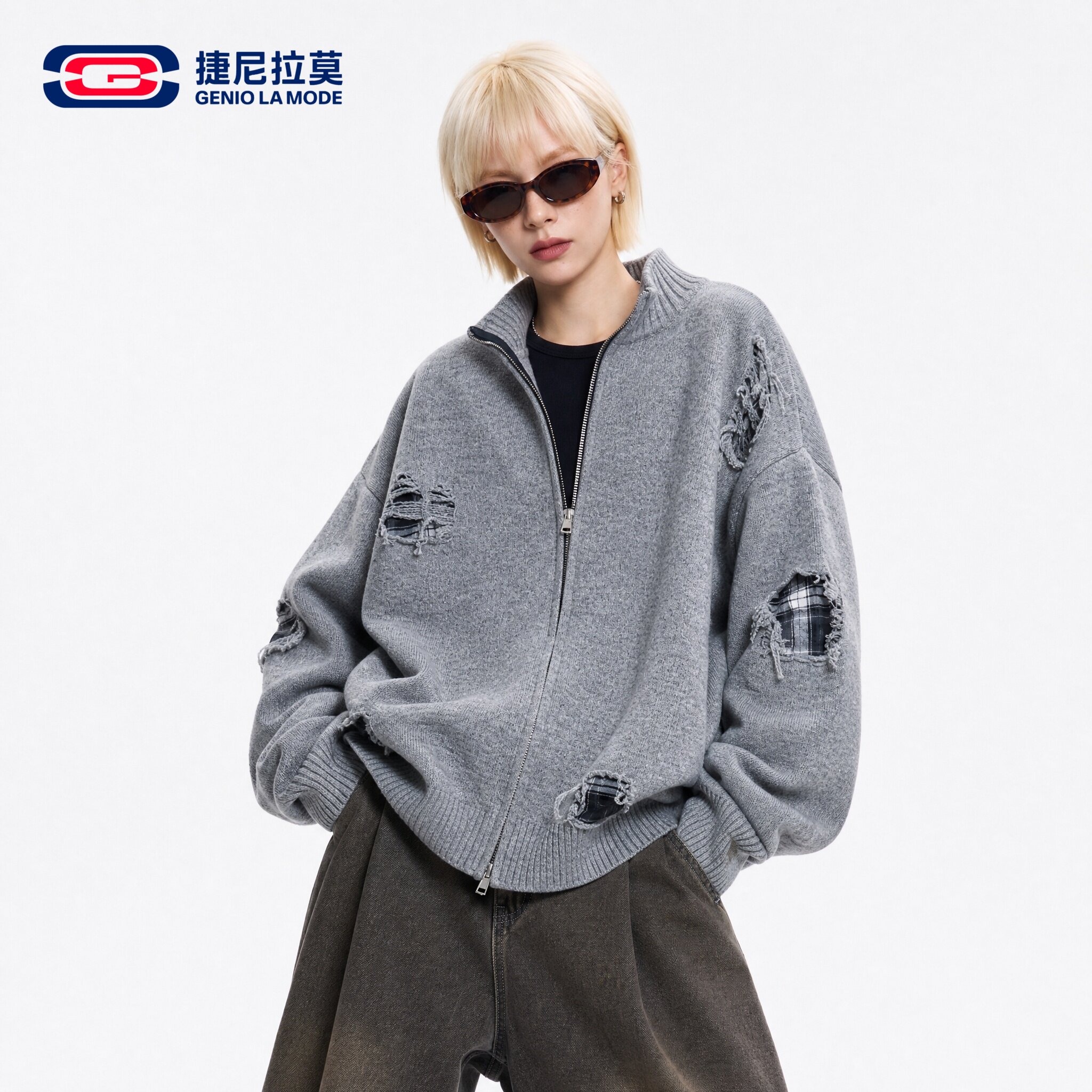 捷尼拉莫中性破洞拉链立领针织衫