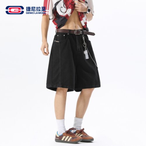 黑色牛仔短裤男士美式高街宽松