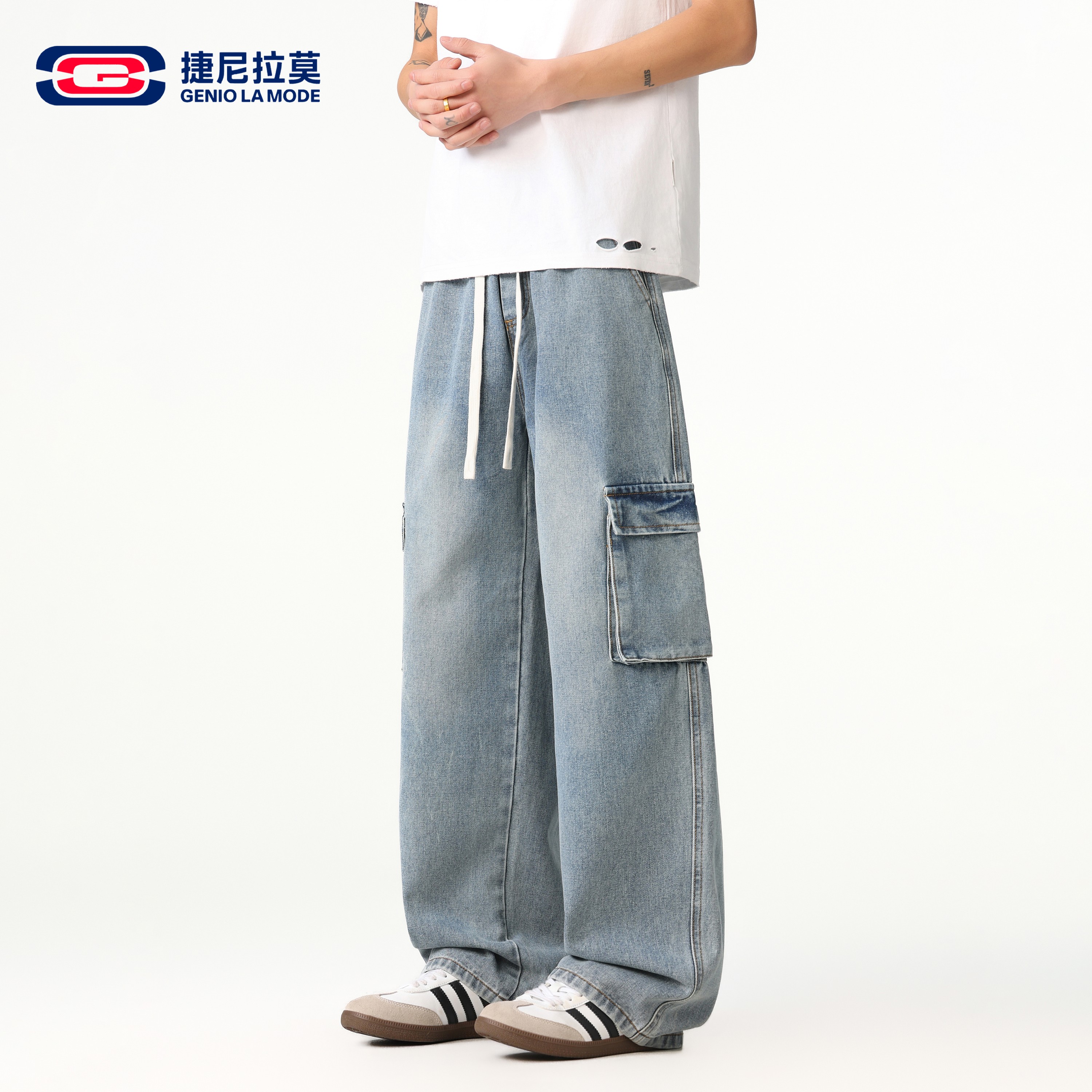 捷尼拉莫美式工装风多口袋牛仔裤