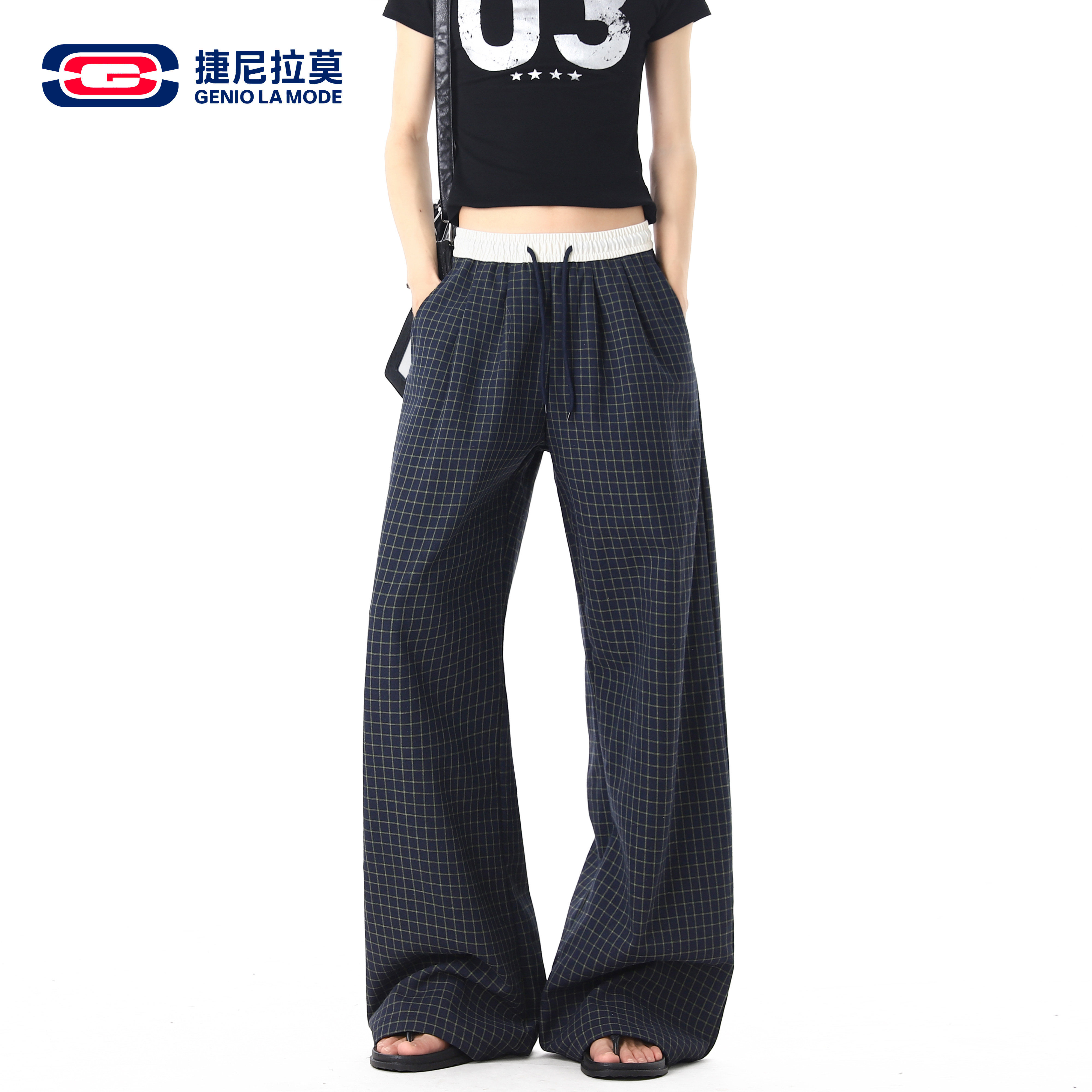 捷尼拉莫藏青细格纹阔腿裤男女