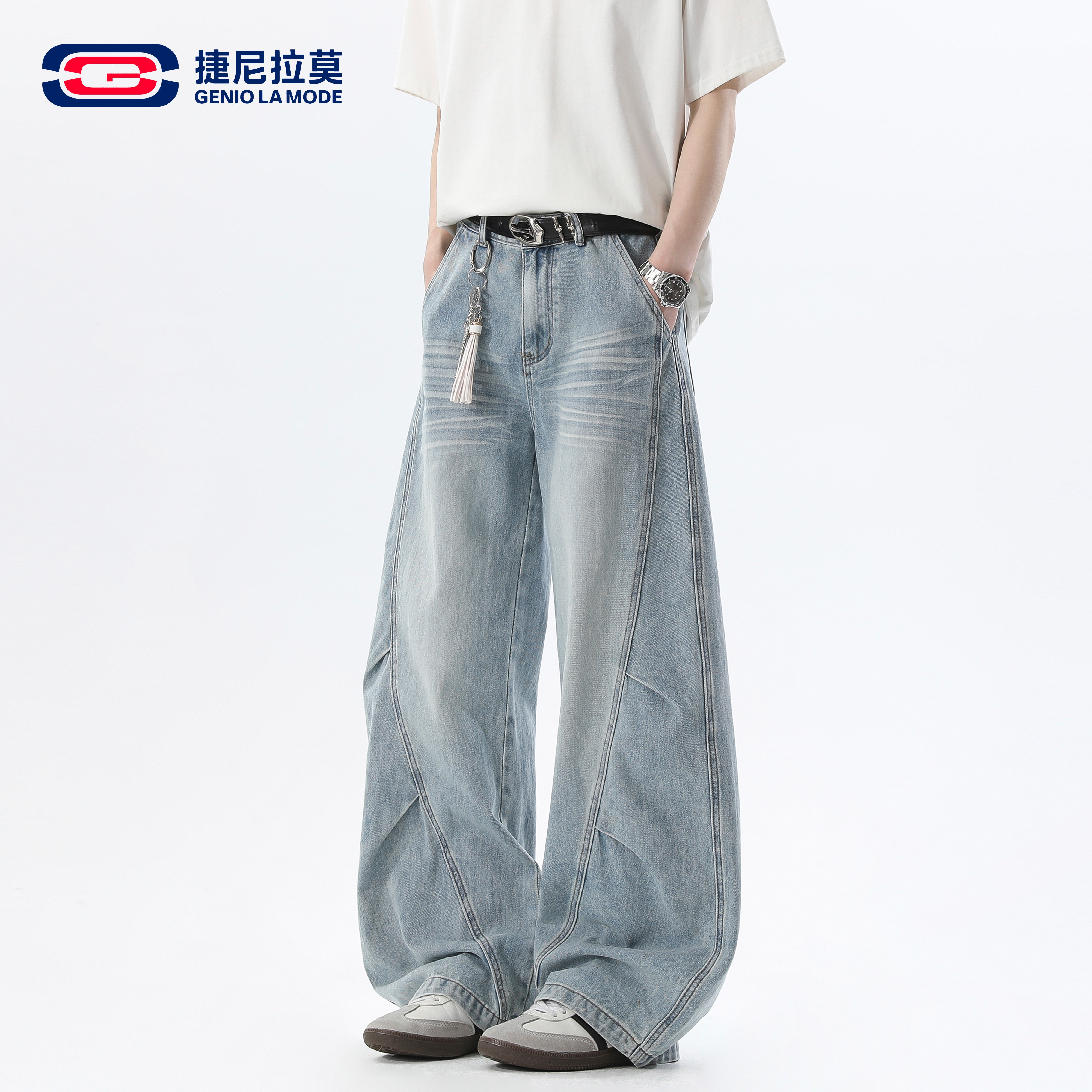捷尼拉莫美式休闲解构拼接牛仔裤