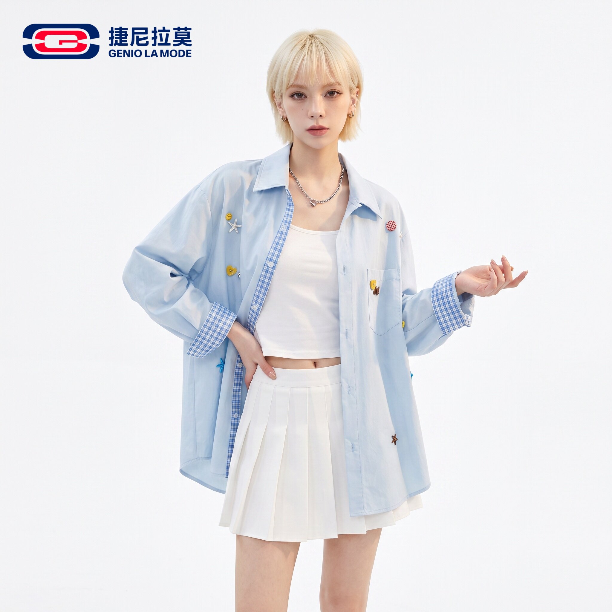 捷尼拉莫翻领长袖衬衫男女款春秋