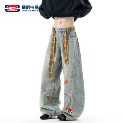 美式解构卡通刺绣牛仔裤男女同款