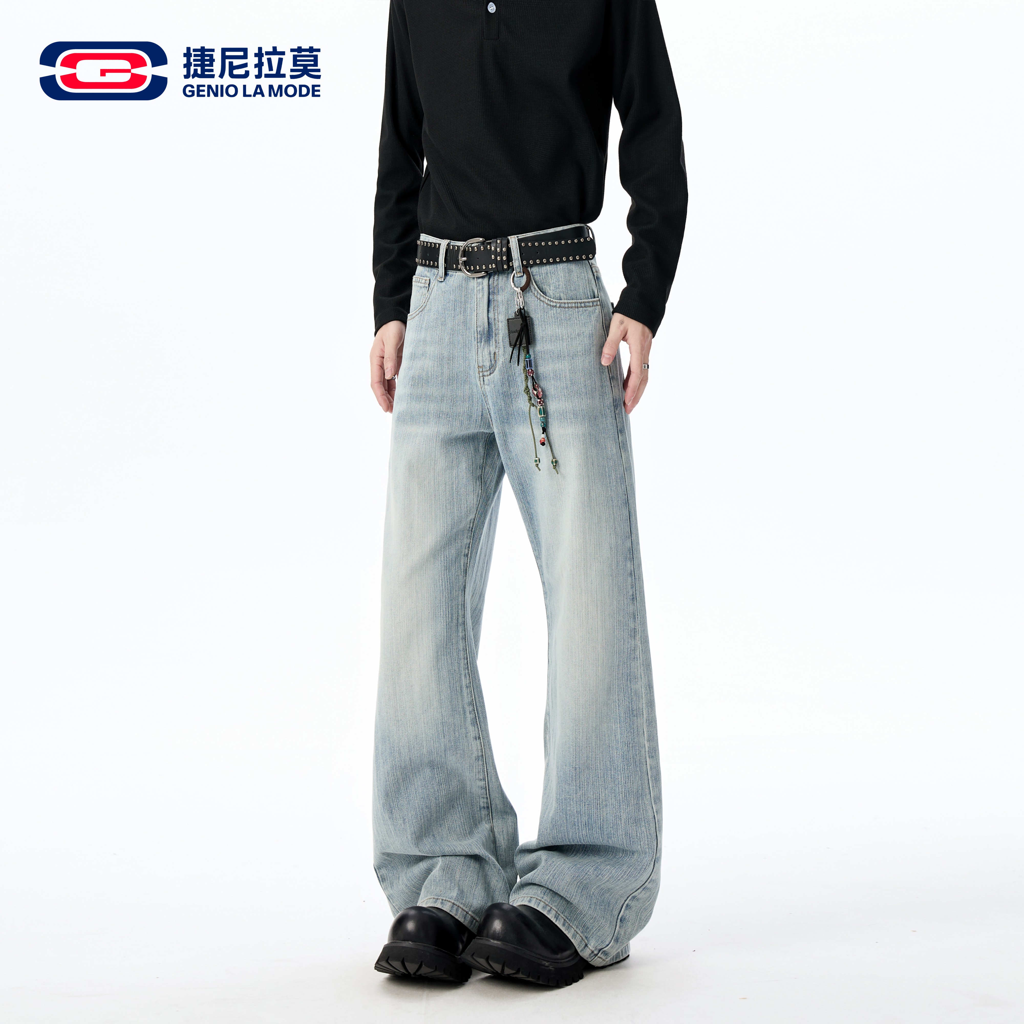 捷尼拉莫美式复古水洗牛仔裤男女