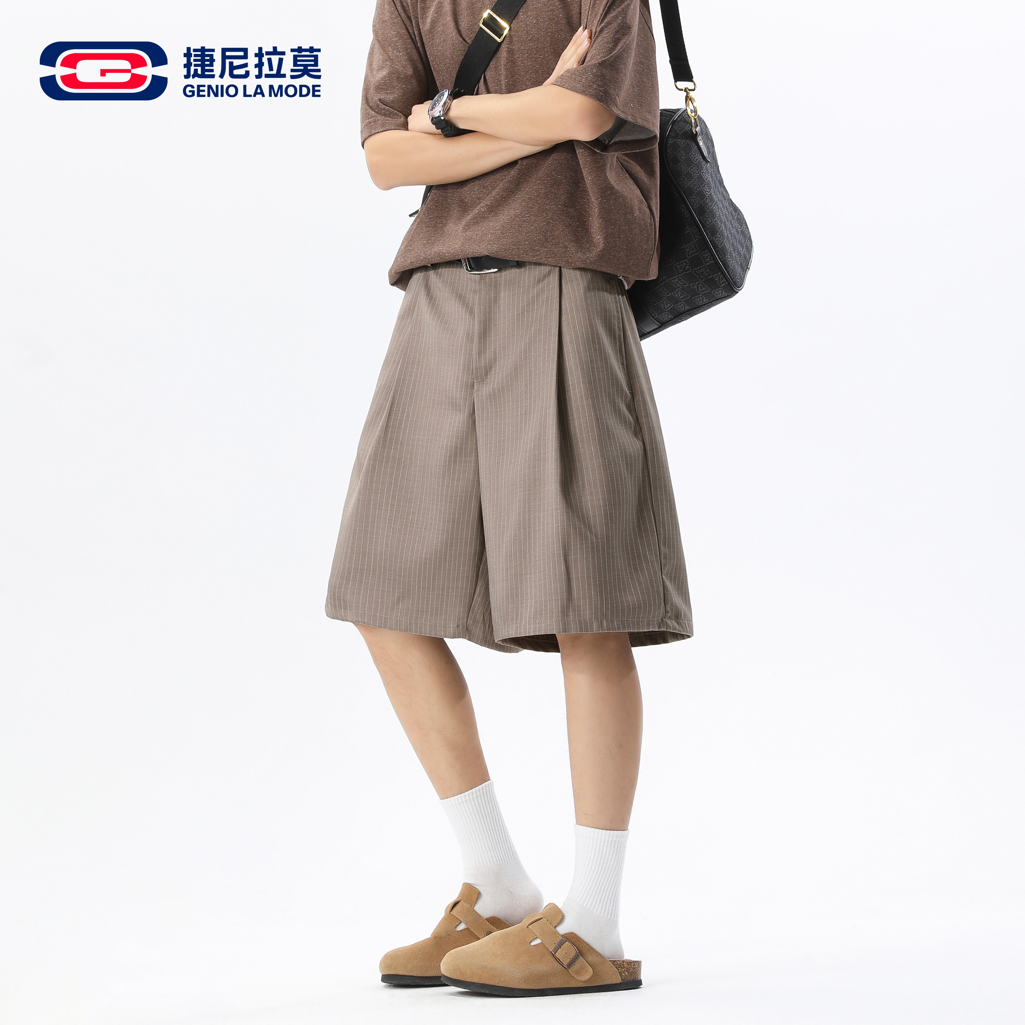 捷尼拉莫咖色竖条纹五分西裤男高腰褶皱宽松直筒通勤休闲西装短裤