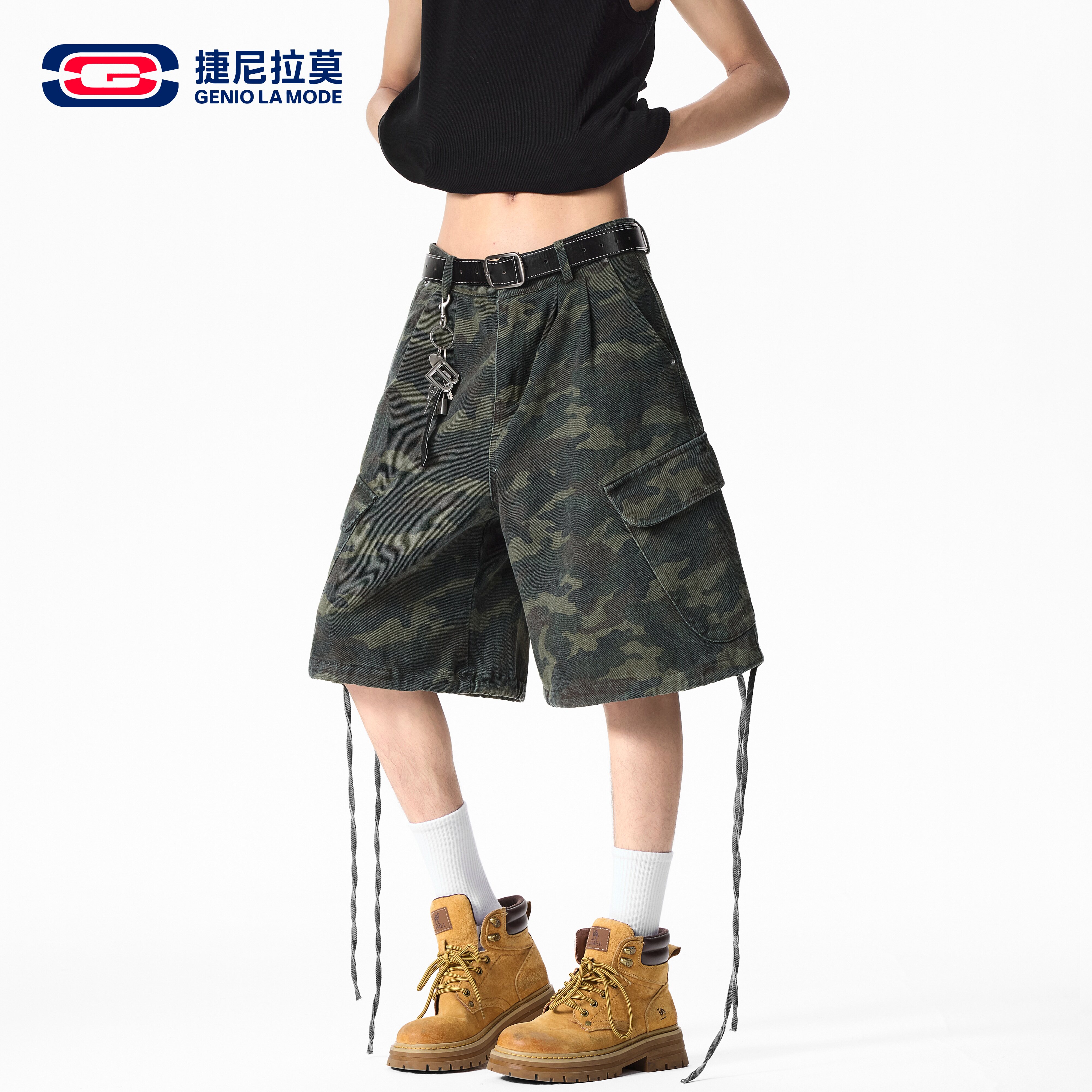 捷尼拉莫美式复古迷彩工装短裤男