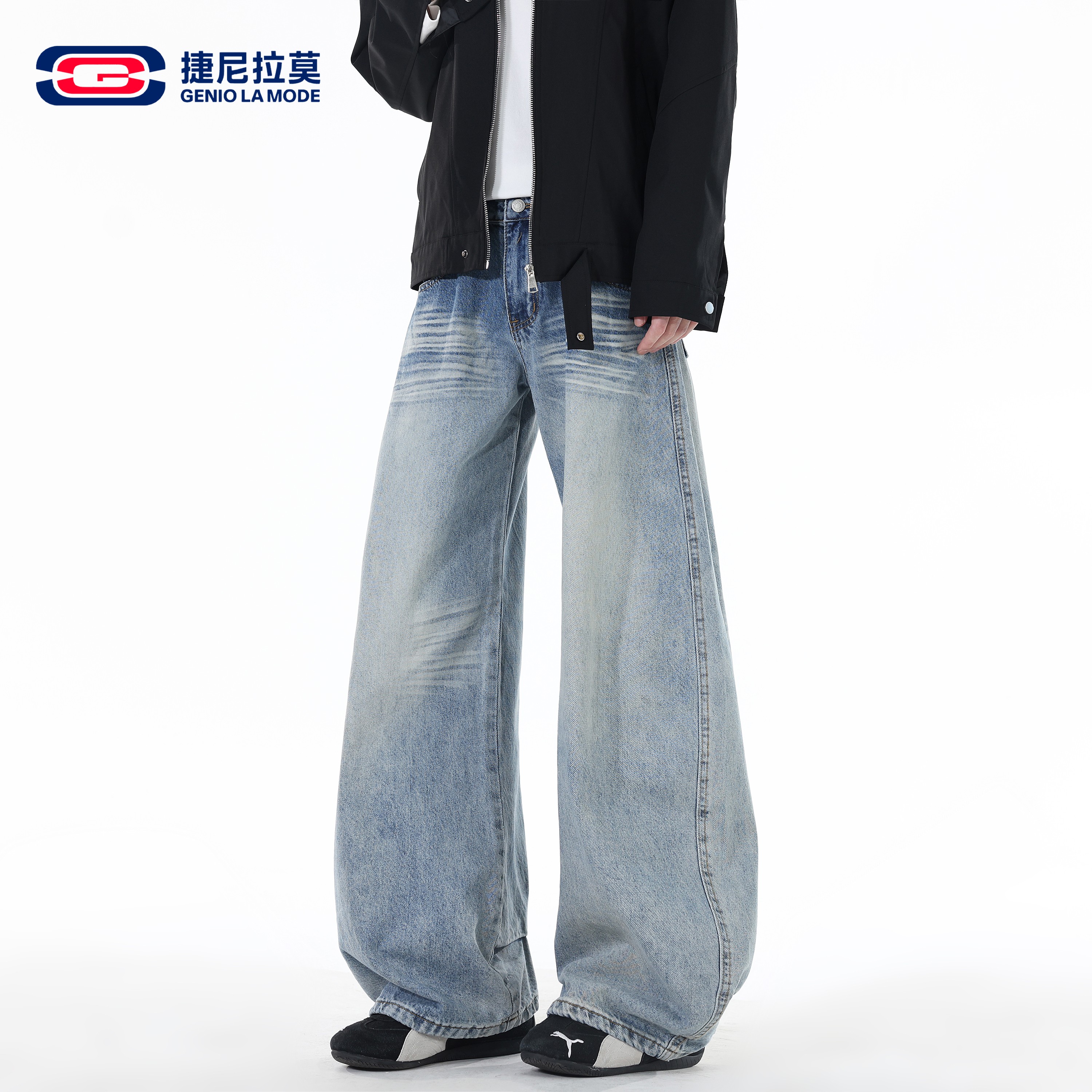 捷尼拉莫美式复古水洗阔腿牛仔裤