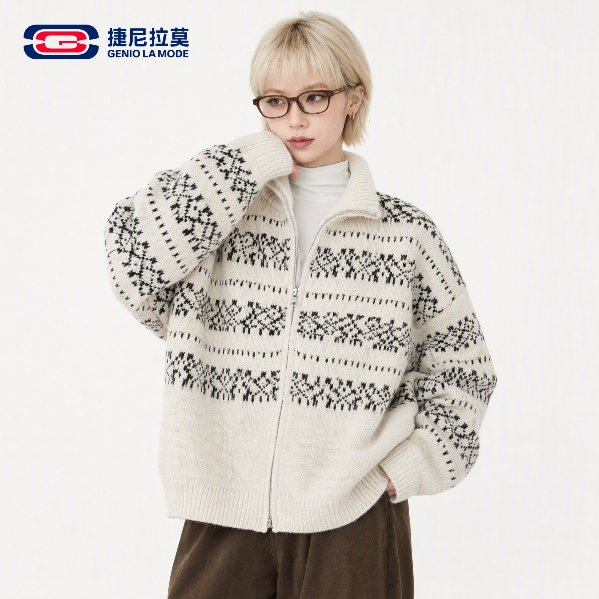 捷尼拉莫美式复古费尔岛立领毛衣