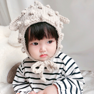 秋冬韩国儿童帽子棉线护耳针织帽宝宝毛线帽春秋保暖婴儿系带帽子