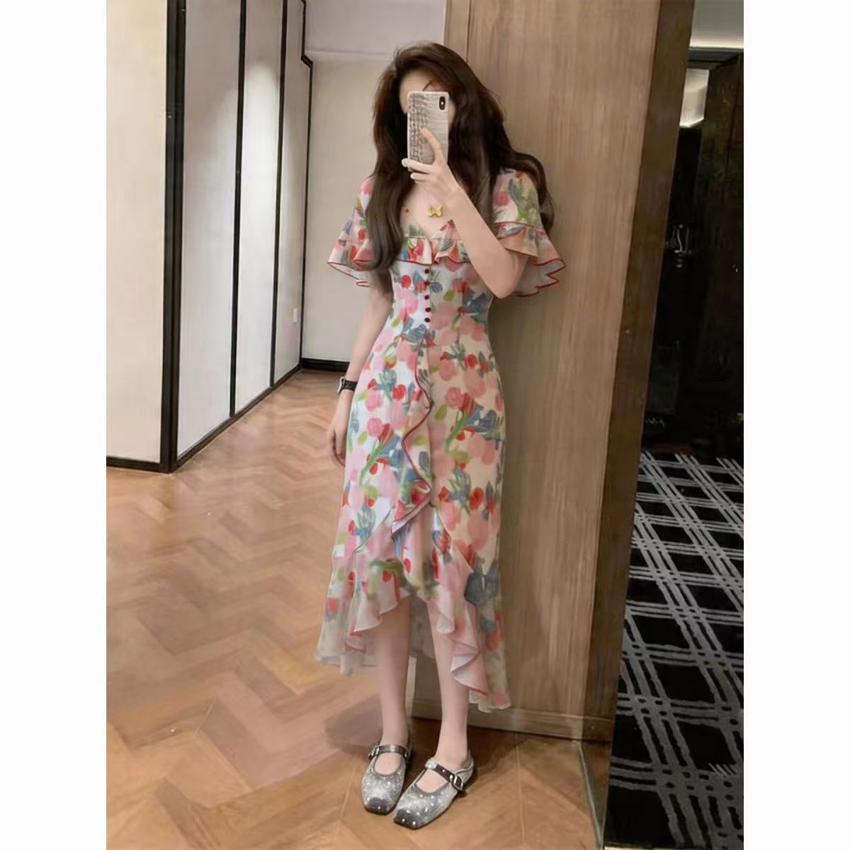 气质花色荷叶边连衣裙女