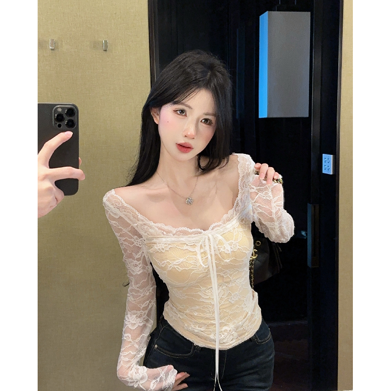 春季内搭打底衫御姐风气质性感紧身长袖上衣白色蕾丝拼接女