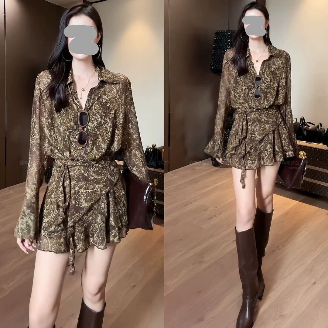 法式复古仙气超仙森系长裙女2025年秋季新款设计感收腰碎花连衣裙