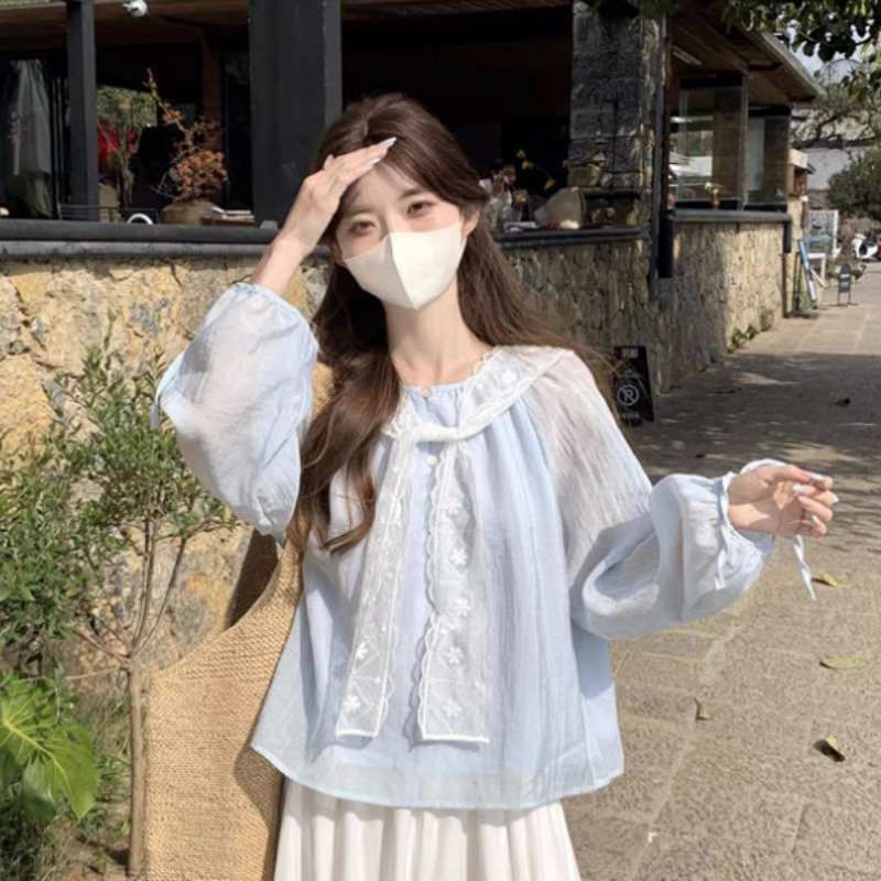 春夏季蕾丝薄款海军领系带衬衫长袖灯笼袖罩衫纱网雪纺衫女士上衣